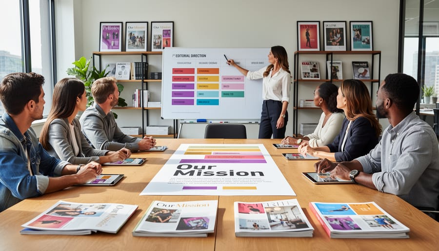 Creative team working in modern magazine office with laptop and editorial content