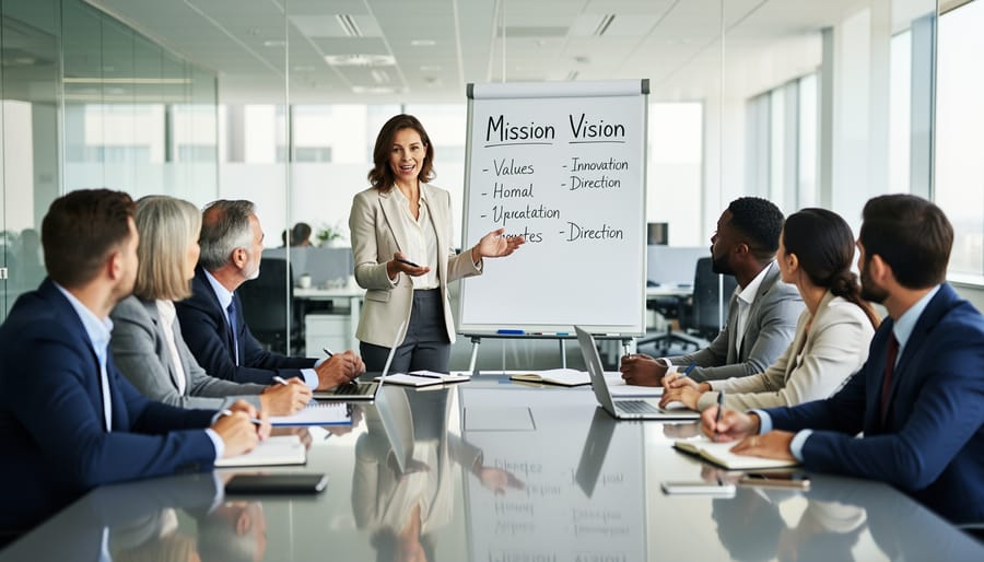 Overhead view of business team members collaborating around conference table with notebooks