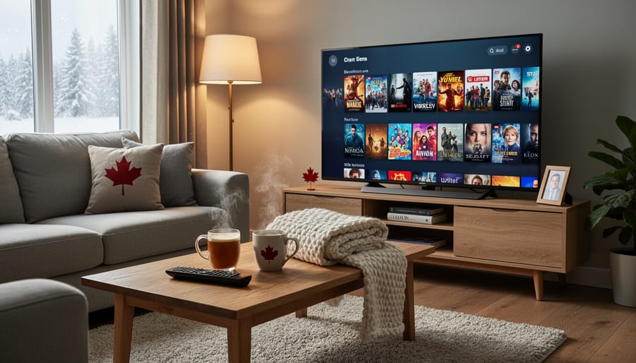 A laptop and TV remote on a couch in a Canadian living room with city lights glowing outside the window.