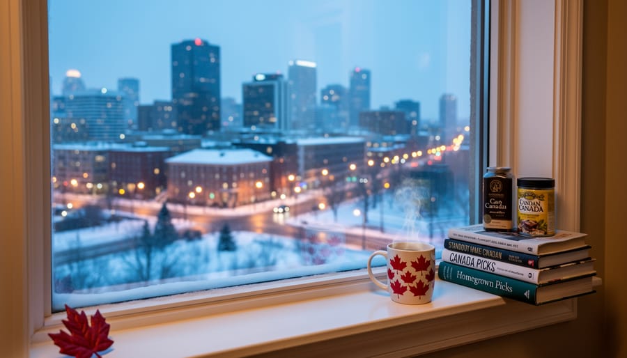 A person walking in a Canadian winter street reflected in a glowing dark window with warm city light highlights.