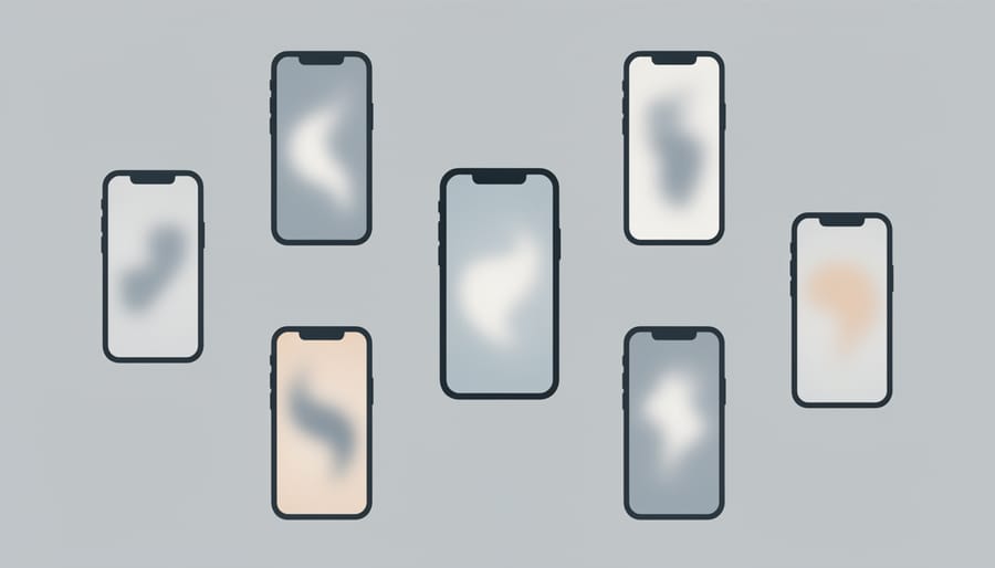 Close-up of hands holding phones with blurred, unreadable streaming thumbnails.