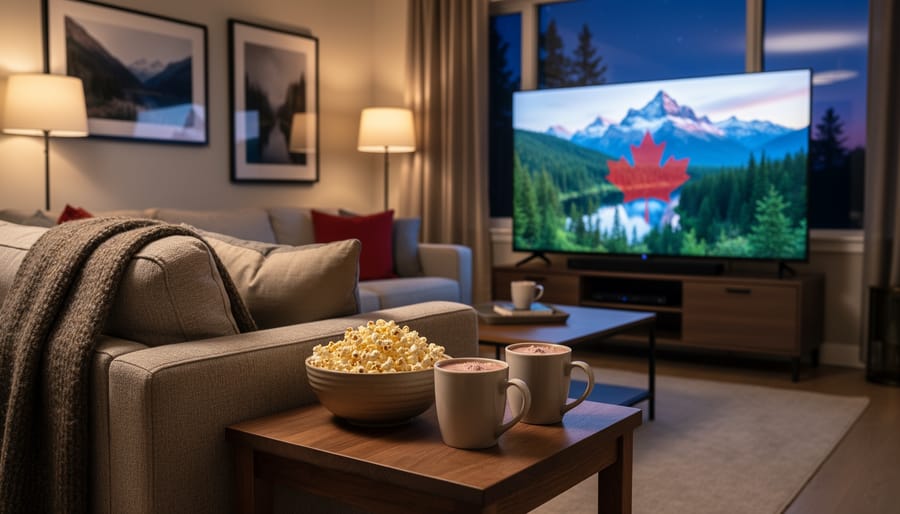 Person holding a remote and a mug of tea while binge-watching in a softly lit living room