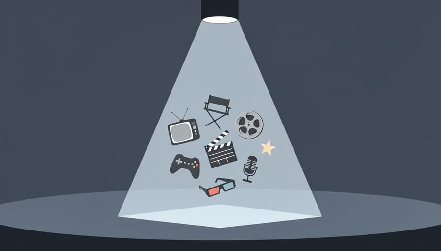 Glowing spotlight illuminating pop-culture objects like a film clapperboard and blank speech bubbles in a dark studio