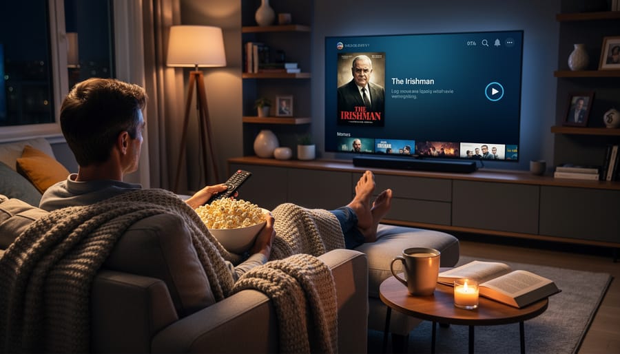 A cozy living room scene with a couch-level view toward a TV glow, a remote in the foreground, and blurred background elements suggesting a long evening watch.