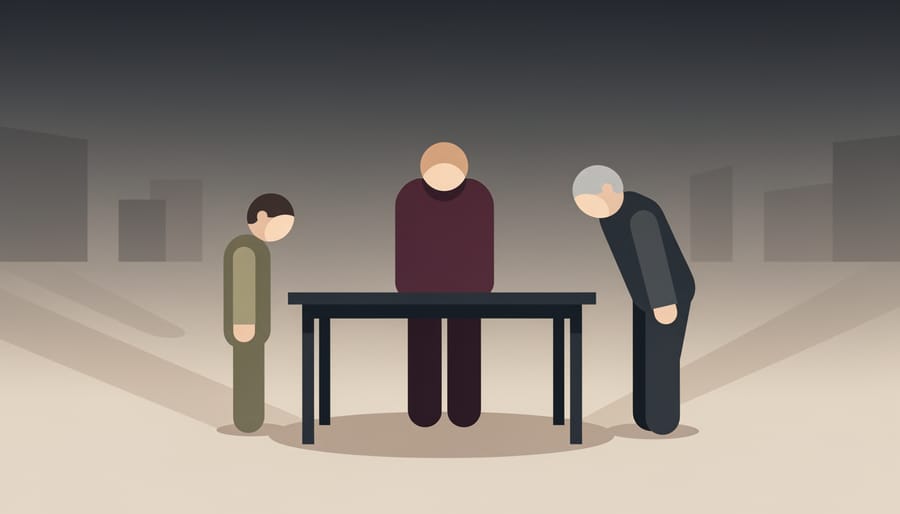 Three older men sit at a long, dimly lit dinner table with subtle shadows and out-of-focus streetlight streaks behind them.