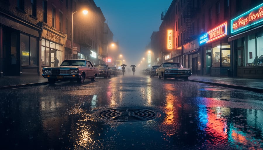 A lone man in a dark overcoat walks down a rain-slick city street at night, with wet reflections and blurred streetlights in the background.