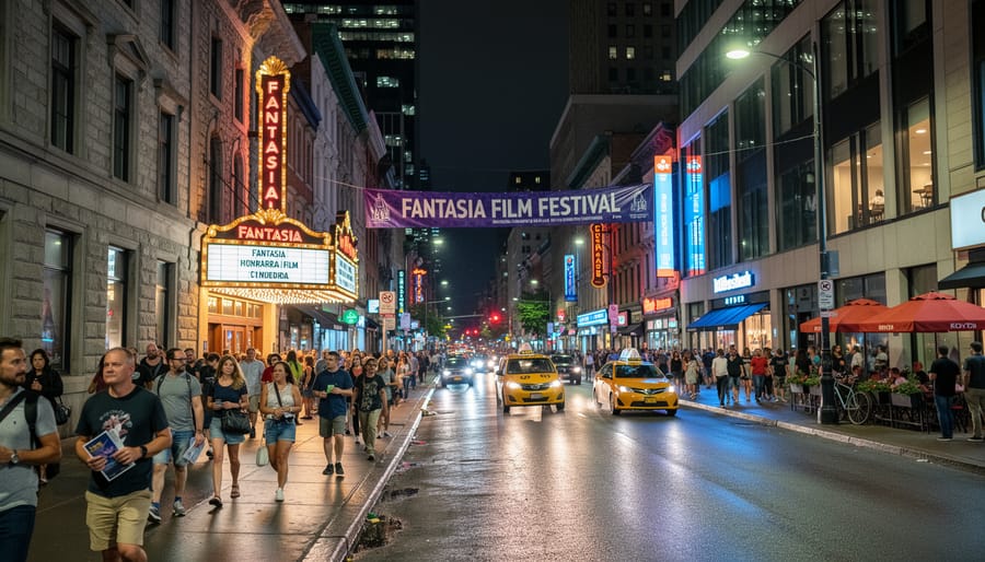 Nighttime view of a cinema marquee with neon reflections on wet pavement in Montreal
